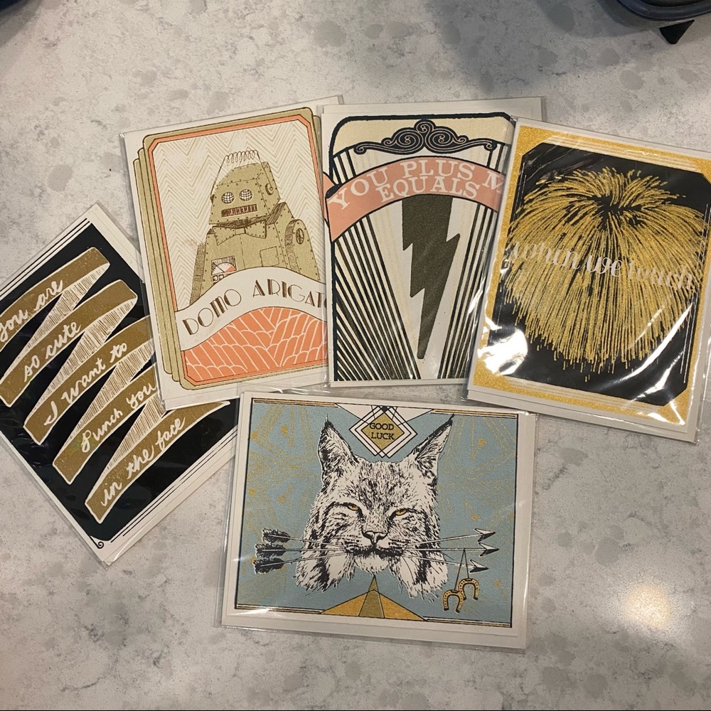 Stationary/ card pack with 5 hand printed greeting cards, great for junk journal